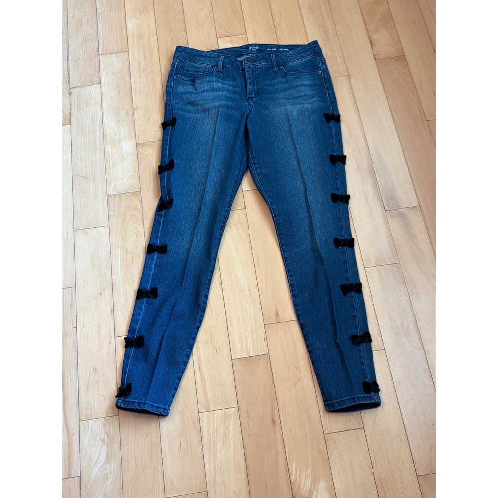 Crown & Ivy Skinny Jeans Womens 10R Blue Velvet Bow Side Detail Medium Wash